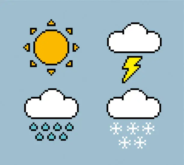 Vector illustration of Weather icons pixel style