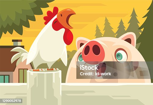 istock piggy meeting crowing rooster 1290052978