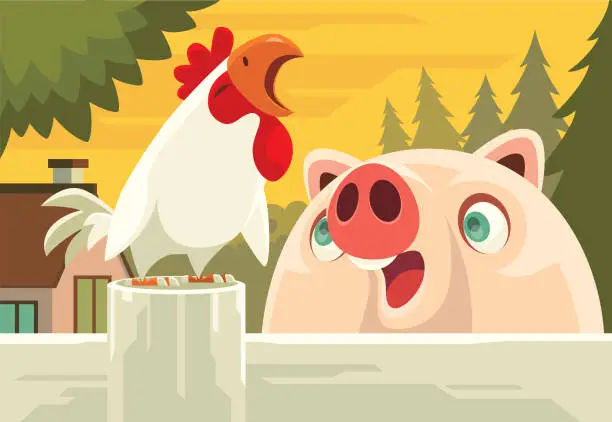 Vector illustration of piggy meeting crowing rooster