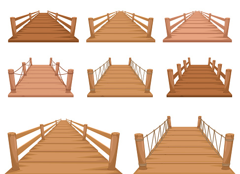 Beautiful vector design illustration of wooden bridge set isolated on white background