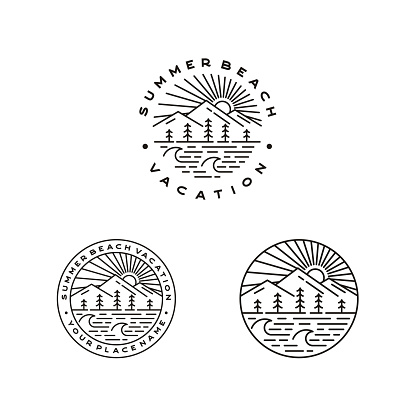 istock Mountain, Sea, Waves, pine tree and Sun outdoor adventure Stamp badge - Line outline monoline illustration stock illustration Indonesia, Logo, Vector, Sun, Sunlight 1290056937