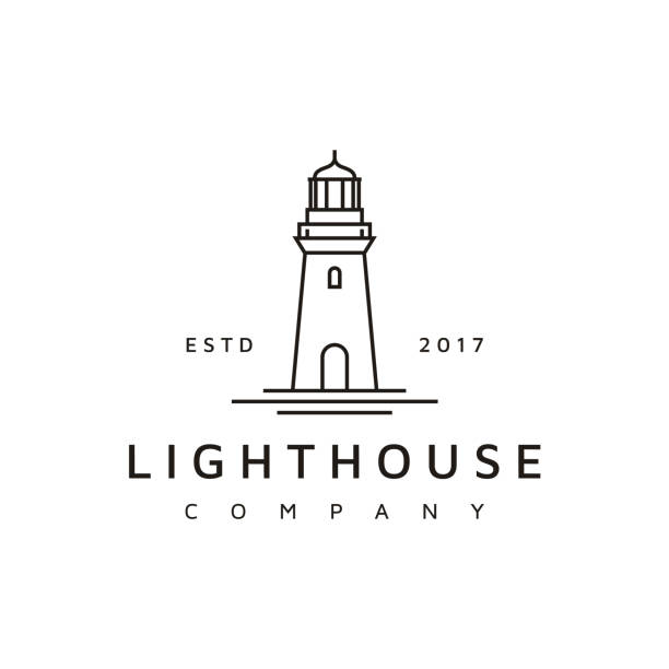 einfache linie kunst leuchtturm searchlight küsten strand logo design vektor grafik stock illustration indonesien, usa, leuchtturm, logo, strand, sauber - lighthouse stock-grafiken, -clipart, -cartoons und -symbole