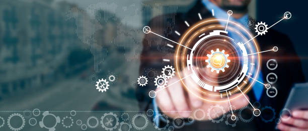 istock Businessman touching brain in cogwheel. Optimisation of construction. Industry 4.0 1290059600