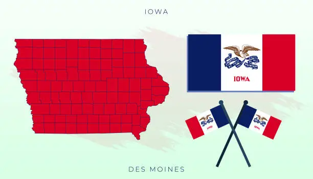 Vector illustration of National map of Iowa, Vector flag of Iowa, Iowa map