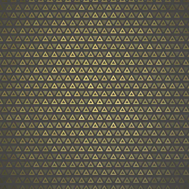 Vector illustration of Equally sized, triangle based double pattern with golden 3d reflection. Pattern background illustration. On dark gray.