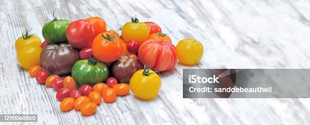 Heap Of Colorful And Various Tomatoes On White Wooden Table Stock Photo - Download Image Now
