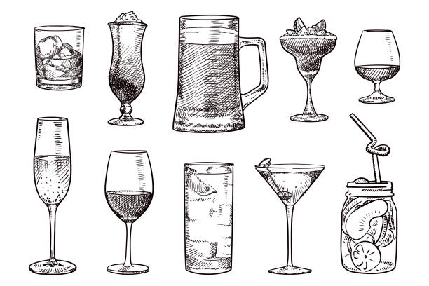 ilustraciones, imágenes clip art, dibujos animados e iconos de stock de bocetos simples de varias bebidas - whisky