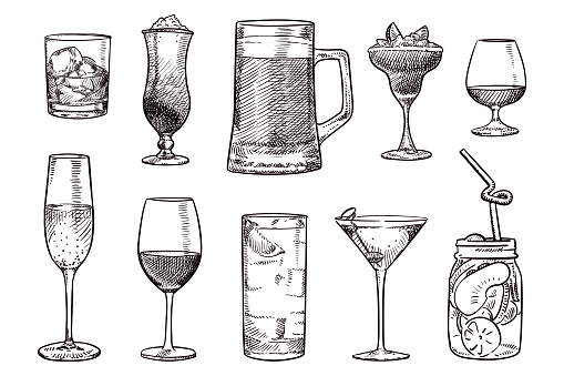 Vector illustration of 10 different alcoholic drinks. There is whiskey, beer, brandy, sparkling wine, martini, and cocktails