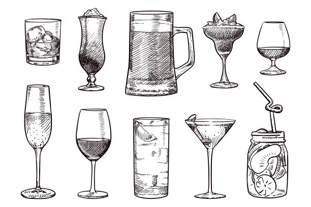 Simple sketches of various drinks Vector illustration of 10 different alcoholic drinks. There is whiskey, beer, brandy, sparkling wine, martini, and cocktails drinking glass illustrations stock illustrations
