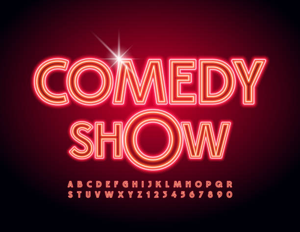 Vector event flyer Comedian Show. Red Neon Alphabet Letters and Numbers set Creative glowing Font comedian stock illustrations