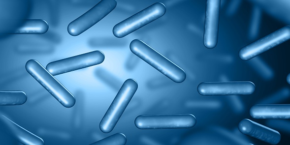 Probiotics. Restoring the gut flora. Blue color. Lactobacillus. 3d illustration.