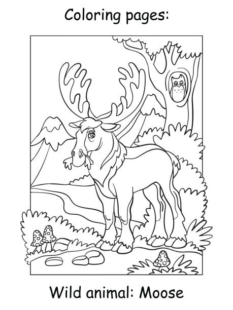 Children coloring book page moose vector illustration Vector coloring pages with cute moose in mountain area. Cartoon contour illustration isolated on white background. Stock illustration for coloring book, preschool education, print and game. how to draw a moose drawing stock illustrations