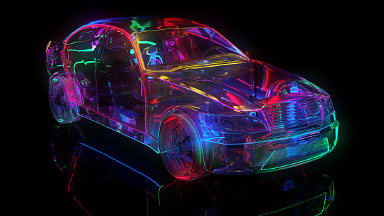 Glass car with neon lighting. The edges of the car are highlighted. 3d illustration. Trending background for your presentation or design