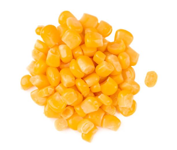 istock Canned sweet corn isolated on white background. Pickled corn. Top view. 1290067198