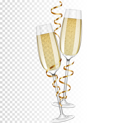 Champagne glasses with champagne and ribbons, isolated