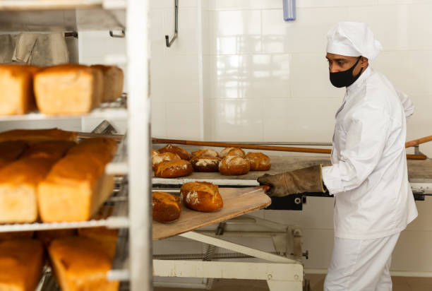 istock Man holding bread on shovel in bakery 1290067737