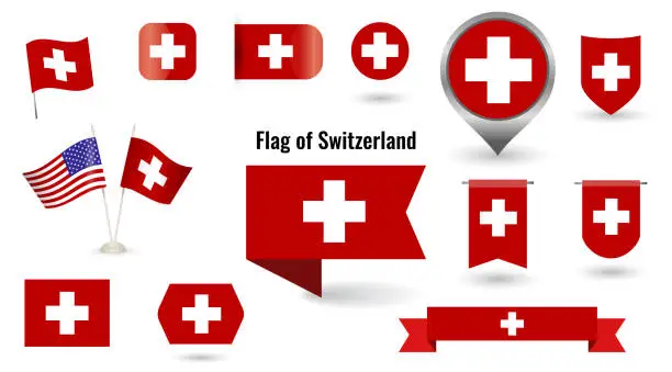 Vector illustration of The Flag of Switzerland. Big set of icons and symbols.