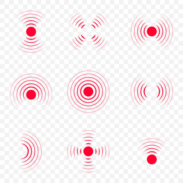 Pain icon with point, red waves. Hurt of body. Target and coverage of ache. Circle of sore in muscle, neck, stomach, throat and joint. Medical logo for therapy. Symbol of headache, migraine. Vector Pain icon with point, red waves. Hurt of body. Target and coverage of ache. Circle of sore in muscle, neck, stomach, throat and joint. Medical logo for therapy. Symbol of headache, migraine. Vector. pain points stock illustrations