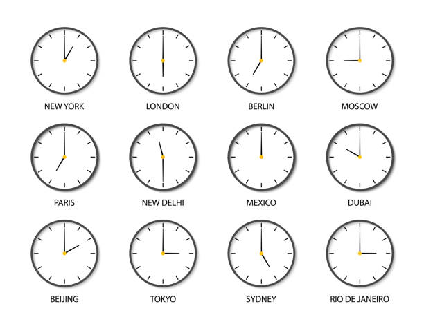 異なる世界ゾーンの時間でクロック。国際タイムゾーンの時計のアイコン。ニューヨーク、ロンドン、シドニー、東京、パリ、北京のための時間と旅行や空港のための12の近代的な時計のセ� - the greenwich meridian点のイラスト素材／クリップアート素材／マンガ素材／アイコン素材