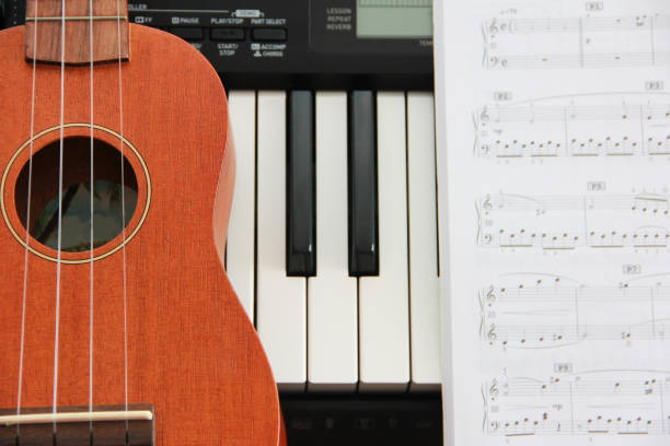 istock guitar with strings and piano with keys 1290070388