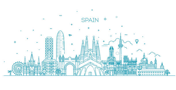 ilustraciones, imágenes clip art, dibujos animados e iconos de stock de paisaje urbano de españa, bandera de vector de la ciudad de viajes en españa. silueta urbana - skyline madrid