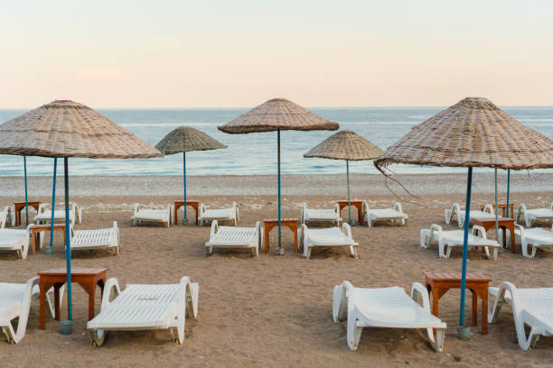 Morning on sandy beach in Eilat - famous tourist resort and recreation city in Israel