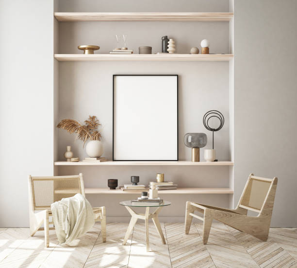 istock mock up poster frame in modern interior background, scandinavian style, 3D render 1290076413