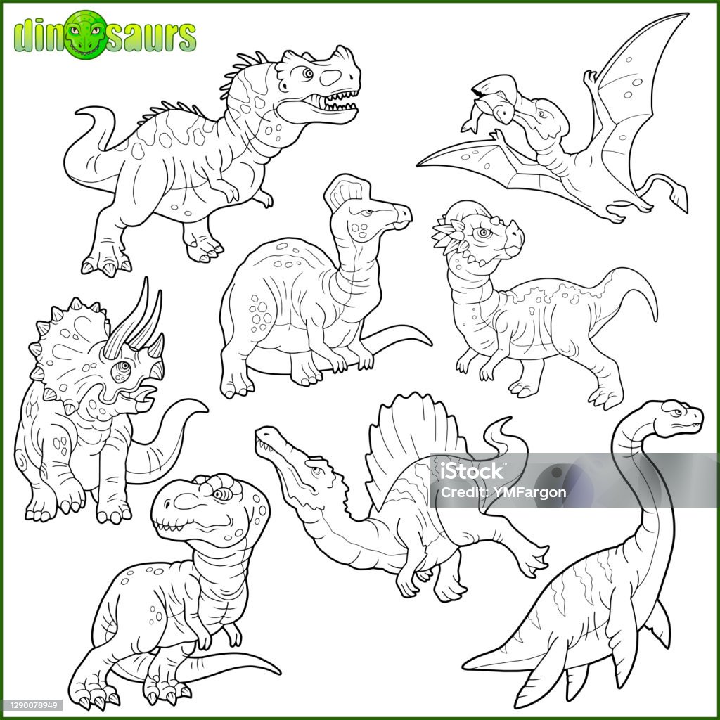 공룡 색칠 공부 만화 이미지 세트 스피노사우루스에 대한 스톡 벡터 아트 및 기타 이미지 - 스피노사우루스, 컬러링 북  페이지-일러스트레이션 기법, 프테로닥틸 - Istock
