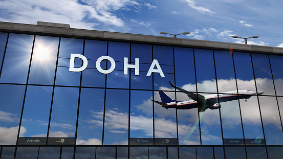 Jet aircraft landing at Doha, Qatar 3D rendering illustration. Arrival in the city with the glass airport terminal and reflection of the plane. Travel, business, tourism and transport concept.