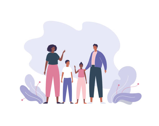 Happy family character concept. Vector flat male and female people illustration. Couple of african american mother and father with son and daughter kids together. Man and woman persons of relatives. Happy family character concept. Vector flat male and female people illustration. Couple of african american mother and father with son and daughter kids together. Man and woman persons of relatives. hispanic family stock illustrations