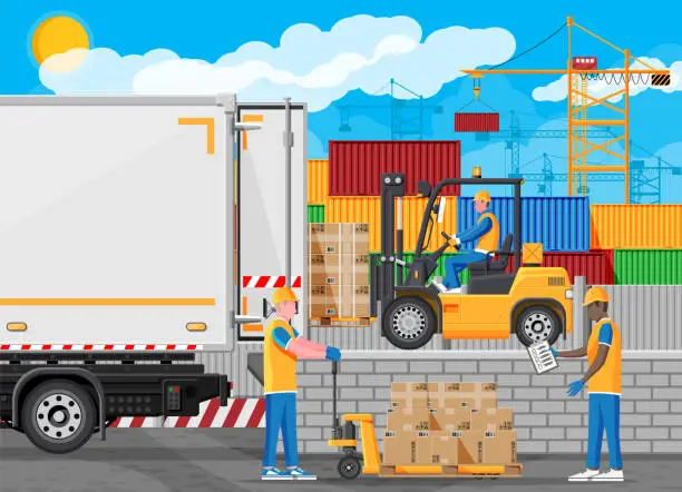 Vector illustration of Forklift loading pallet boxes into lorry truck