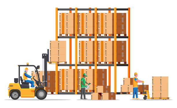 상자와 무버가 있는 창고 선반 - warehouse worker illustrations stock illustrations