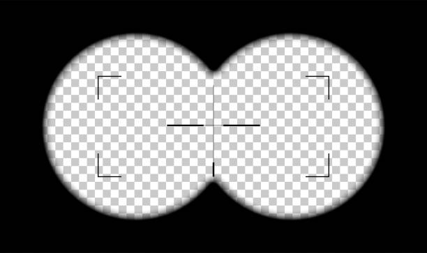 Looking in periscope or binoculars at target on black background. Sight view of lookout vector illustration. Optical crosshair zoom symbol. Optic viewfinder in action on transparent background Looking in periscope or binoculars at target on black background. Sight view of lookout vector illustration. Optical crosshair zoom symbol. Optic viewfinder in action on transparent background. binoculars stock illustrations