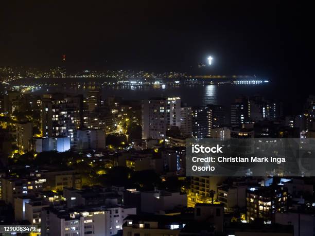 Aerial Image Made With Drone Of Lima Peru At Night Image Of Coast Of Lima Miraflores Barranco And Chorrillos Districts Stock Photo - Download Image Now