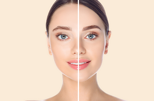 Cara femenina antes y después de colorear y peinar las cejas sobre el fondo beige photo