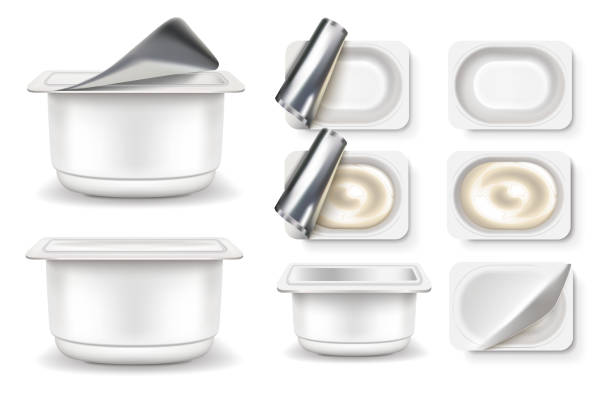 ilustrações de stock, clip art, desenhos animados e ícones de yogurt packaging set - yogurt container
