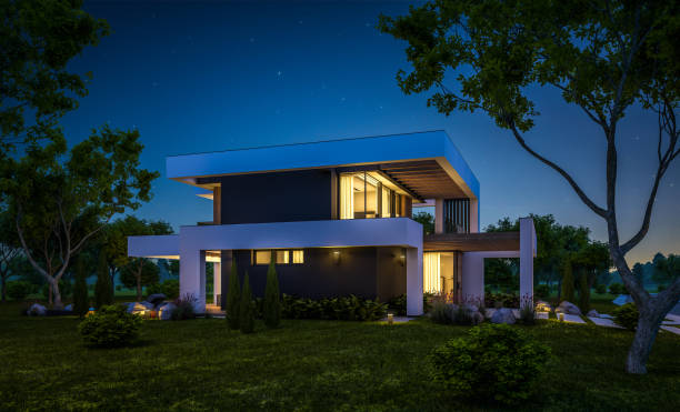 istock 3d rendering of modern house in luxurious style in night 1290086850