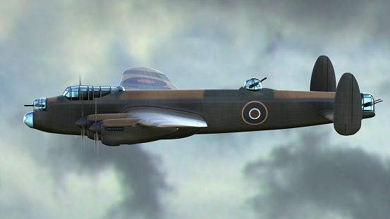 Avro Lancaster heavy bomber, Bournemouth, England. This four-engine bomber aircraft in flight over open sea with cumulus cloud formation in blue sky was the mainstay of bomber command in WW2