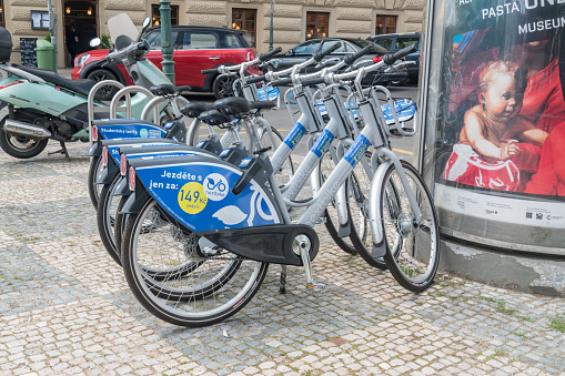 Prague, Czech Republic - July 10, 2020: Row of Next Bike for rent.