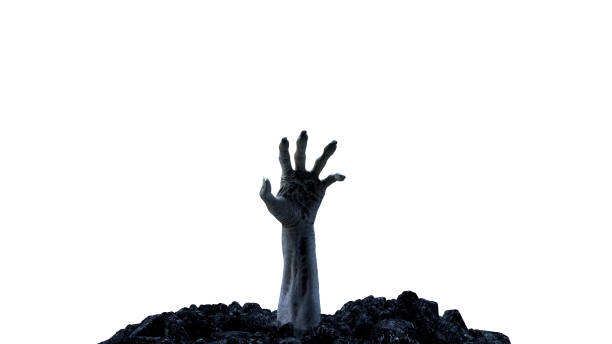 3d render Zombie hand crawling out of the ground 3d render Zombie hand crawling out of the ground in 4k zombie stock pictures, royalty-free photos & images