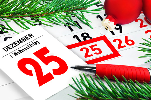 German calendar and 1. Christmas Day with red pen