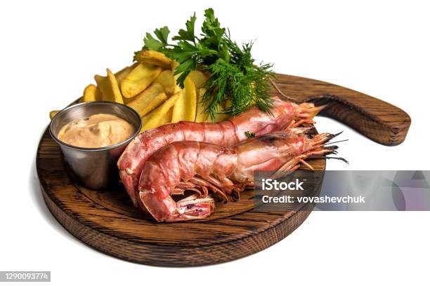 Delicious Shrimps With Potato On White Stock Photo - Download Image Now - Large, Shrimp - Seafood, Asian Food