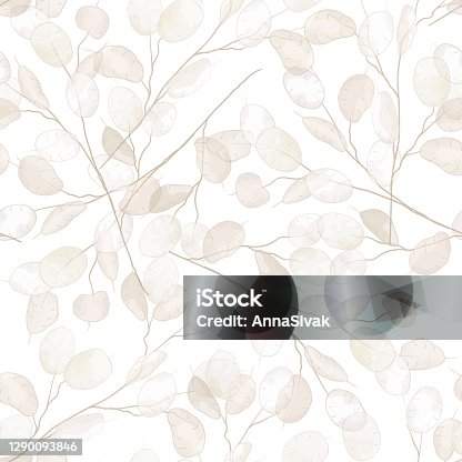 istock Seamless dry lunaria floral vector pattern. Watercolor winter wedding flower illustration background. Boho design printable template, minimal botanical rustic textile decoration 1290093846
