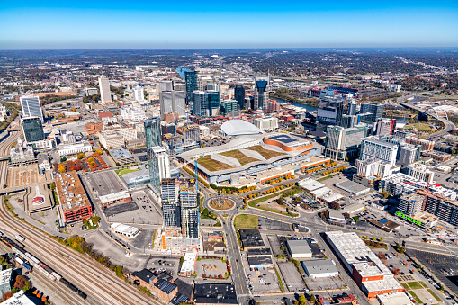 Wide angle cityscape of beautiful Nashville, Tennessee, known as \