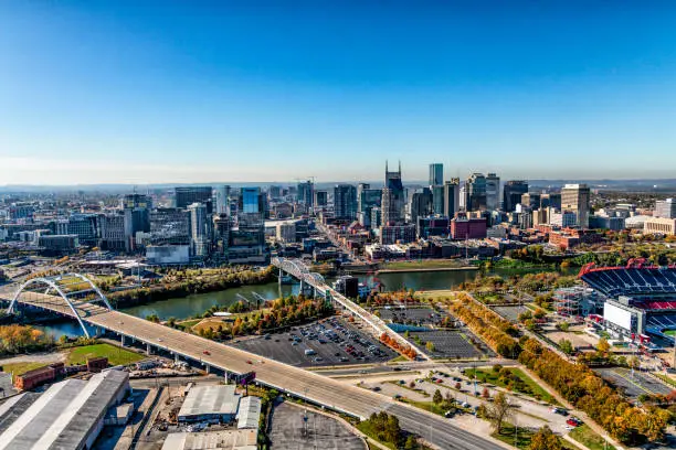 The skyline of beautiful Nashville, Tennessee, known as "Music City" along the banks of the Cumberland River.