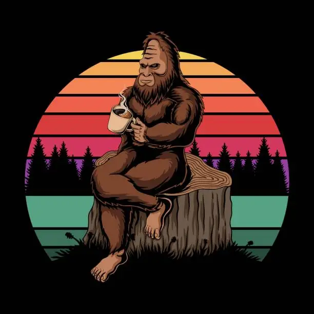 Vector illustration of Bigfoot relaxing coffee sunset retro vector illustration