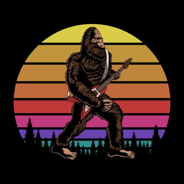 Bigfoot play guitar sunset retro vector illustration Bigfoot play guitar sunset retro vector illustration for your company or brand big feet cartoon stock illustrations