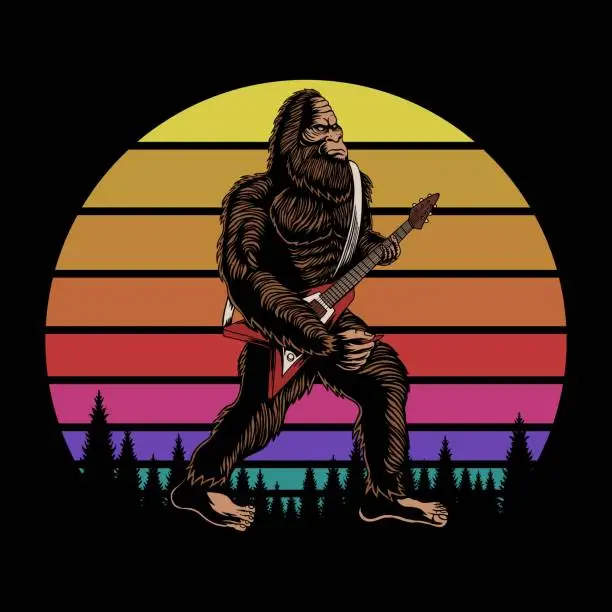 Vector illustration of Bigfoot play guitar sunset retro vector illustration