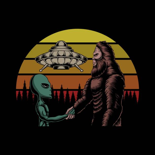 Bigfoot and alien conspiracy sunset retro vector illustration Bigfoot and alien conspiracy sunset retro vector illustration for your company or brand big feet cartoon stock illustrations