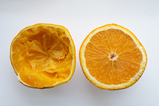 Set of orange fruits, slices and orange leaves isolated on white background. File contains clipping path.